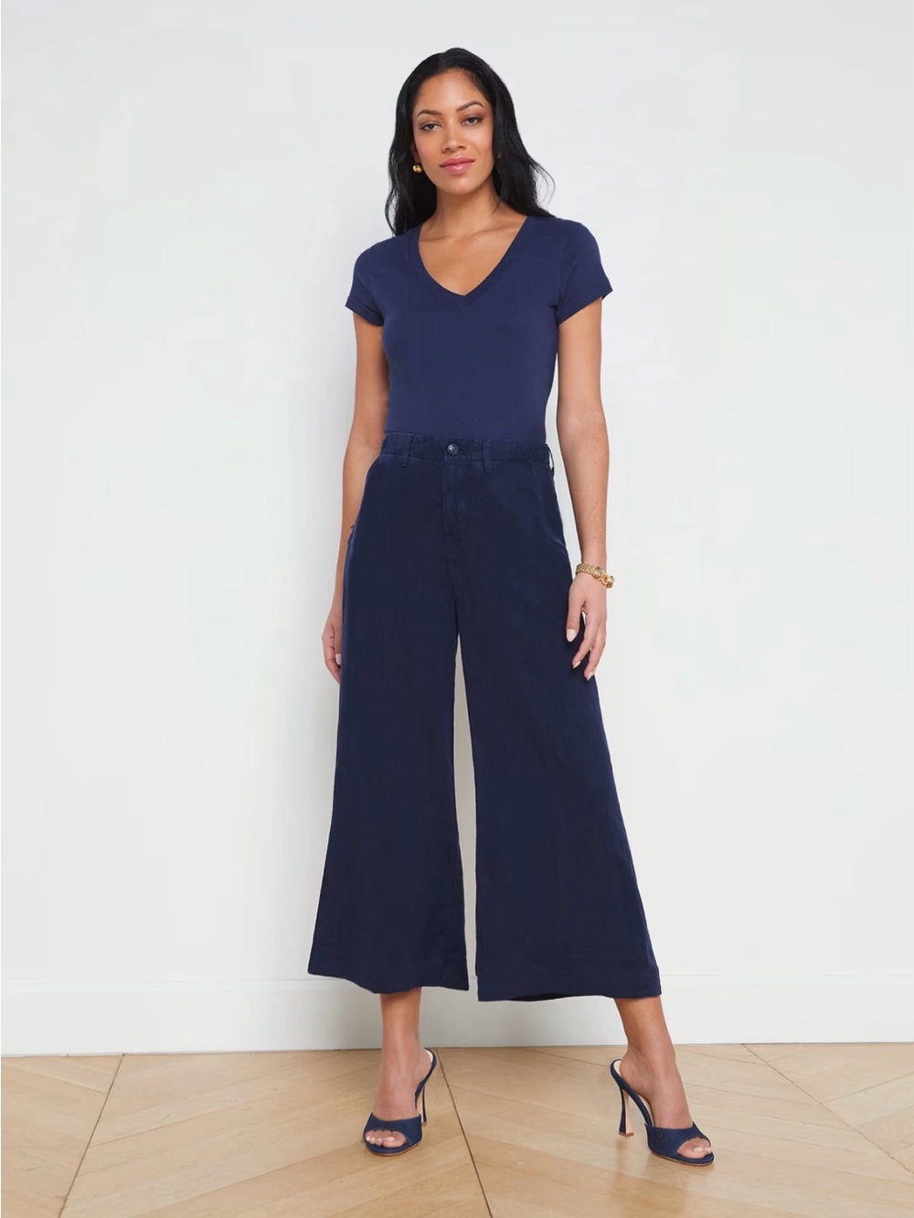 L'AGENCE Henderson Linen Cropped Wide-Leg Pants - Navy